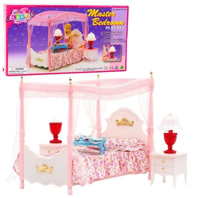 Puppenmöbel-Set: Himmelbett, Nachttische, Lampen