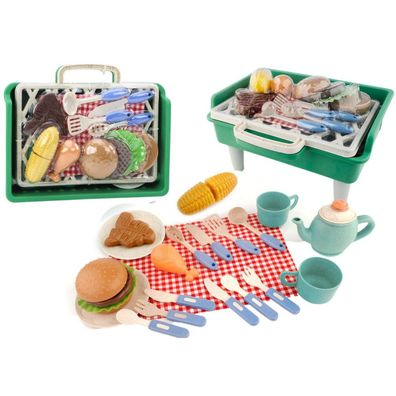 LeanToys Grillspielset mit Grill, Essen, Besteck, Tellern und Tassen
