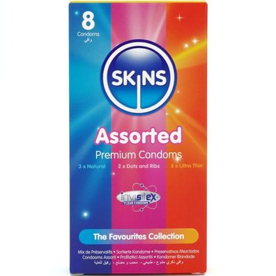 Skins Sortierte Premium-Kondome Packung 8 – Natural, Dots &amp; Ribs, Ultra Thin