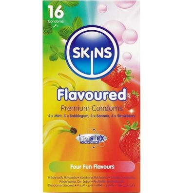 Skins Kondome mit Geschmack 16er-Pack Banane Kaugummi Minze Erdbeere