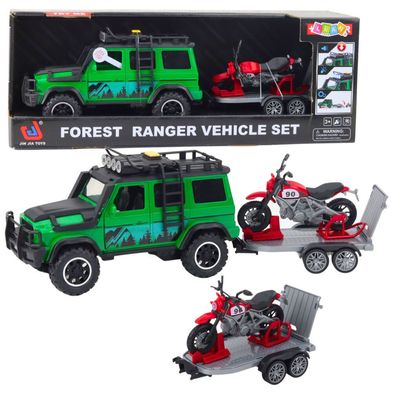 Geländewagen-Set mit Abschleppwagen und Motorrad, Lichter und Geräusche, Grün