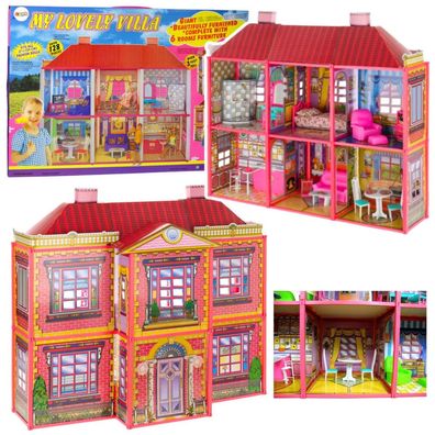 Leantoys Puppenhaus - Große Villa mit Möbeln + E PUPPE