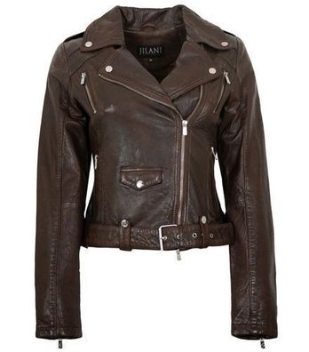Jilani - Damen Lederjacke Bikerjacke Lammnappa braun antik