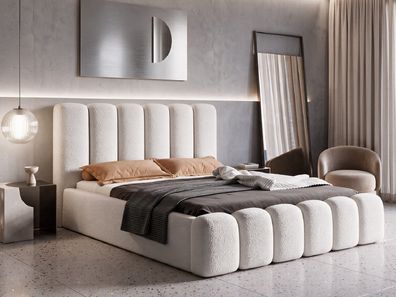 Polsterbett VELARO mit Bettkasten, Stauraum und Metall-Lattenrost - Bouclé
