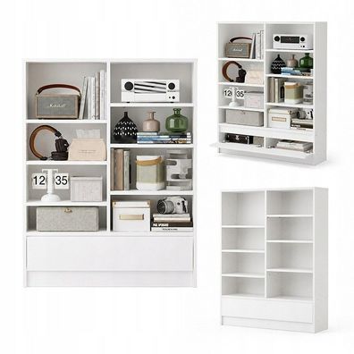 Freistehendes Bücherregal fürs Wohnzimmer, 8 Regalböden mit Schrankfach, weiß, 120 cm