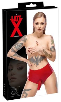 LateX Knallroter Latex-Slip mit Außendildo, Größe M, rot