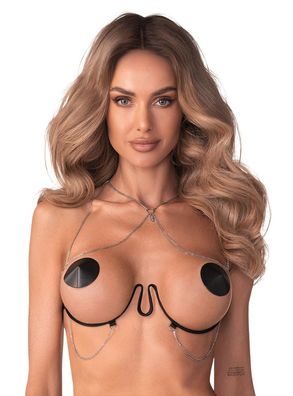 Lustique Obsessive Premium Ouvert Harness-BH, Schwarz, silberfarbene Accessoires