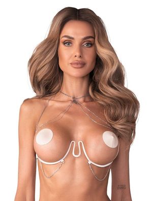 Obsessive Premium Weißer Harness-BH Lustique Ouvert, silberne Accessoires