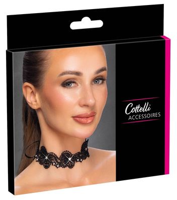 Cottelli Accessoires Spitzen-Halsband Schwarz S-L mit Perlen & Glitzersteinchen