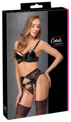 Cottelli Lingerie 3-teiliges Straps-Set Schwarz aus Spitze und Lack