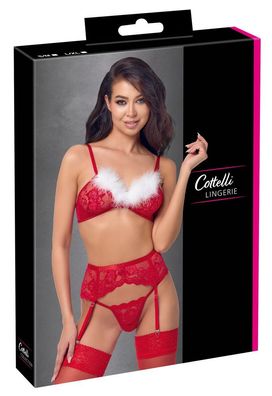 Cottelli Lingerie 3-teiliges X-Mas Straps-Set, rot mit weißem Federbesatz