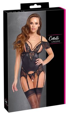 Satinglanz Strapshemd und String ouvert Set - Schwarz