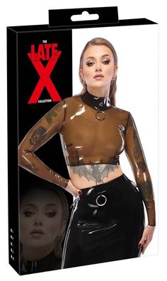 LateX Transparentes Langarm-Shirt Metallring Stehkragen rauchfarben bauchfrei