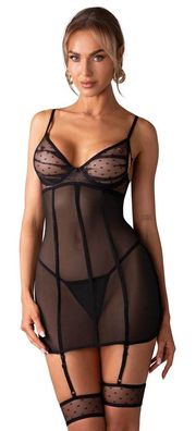 Obsessive Nuites, schwarzes Negligé mit Punkte-Design, Strapse
