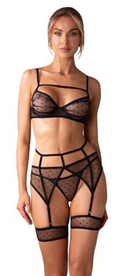 Obsessive Nuites Set schwarz, verführerischer Stil mit Punkten und Riemen