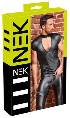 NEK Schwarzes Mattlook Shirt mit V-Cut-out und Stehkragen