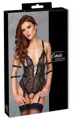 Cottelli Bondage Spitzen-Body ouvert mit Strapsen und Fesselbändern, Schwarz