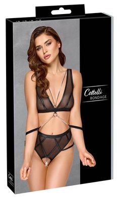 Cottelli Bondage Set - Soft-BH, Taillenslip ouvert und Handfesseln in Schwarz
