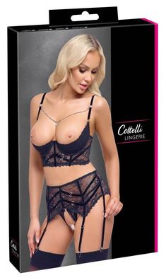 Cottelli Lingerie Spitzen-Trio Schwarz – Hebe, Strapsgürtel, String ouvert