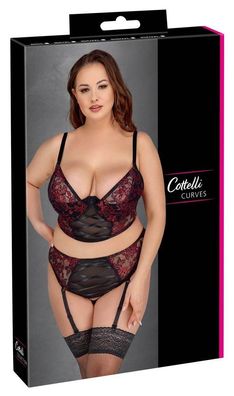 Cottelli CURVES BH-Set schwarz/rot mit Spitze und Powernet Schwarz/Rot Größe