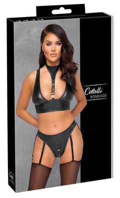 Cottelli Bondage BH Set, Mattlook, mit Halsband &amp; Straps-Slip schwarz Größe