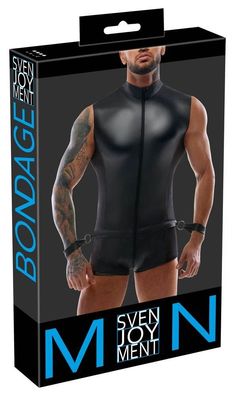 Svenjoyment Bondage Overall ärmellos & Handfesseln, Netz schwarz