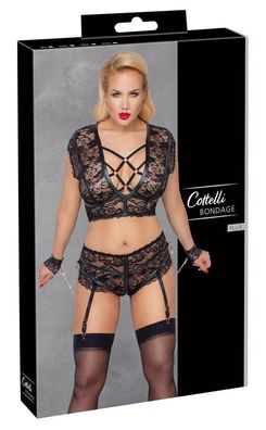 Cottelli Bondage - Spitzen-BH Set, Ouvert-Slip, Handfesseln