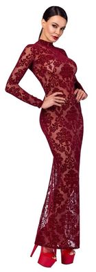 Noir Kink Royal Langarm Kleid rot mit Stehkragen und hohem Gehschlitz