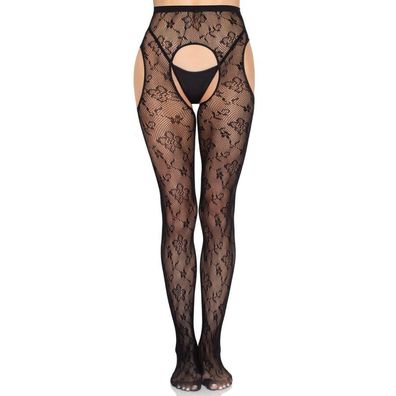 LEG Avenue Hosiery Netzstrumpfhose mit Strumpfhaltern 1967 Bloom Schwarz