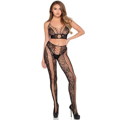 LEG Avenue Sets Netz- und Spitzen-Crop-Top mit Strumpfhose, Schwarz