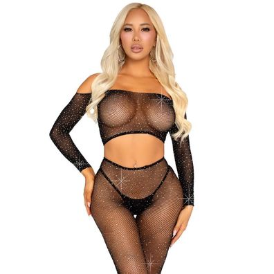 LEG Avenue Sets Netz-Crop-Top und Netzlegging mit Strasssteinen Schwarz