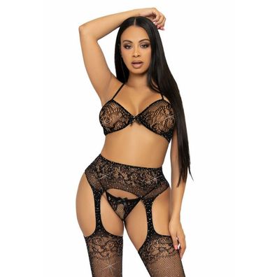 Leg Avenue 3-teiliges Dessous-Set BH, String und Strumpfhalter schwarz Unisize