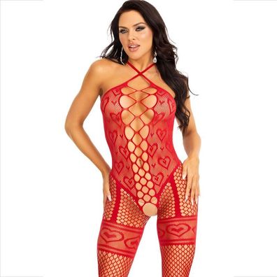 Leg Avenue Bodystocking mit Neckholder und Herznetz rot
