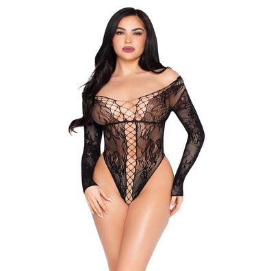 Leg Avenue Netz- und Spitzenteddy mit Carmen-Ausschnitt, Schwarz