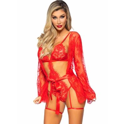 Leg Avenue Teddy- und Bademantel-Set mit Spitze, rot, M