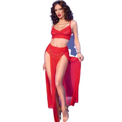 Chilirose Rotes Tüll-Top und Leggings-Set mit goldenen Accessoires