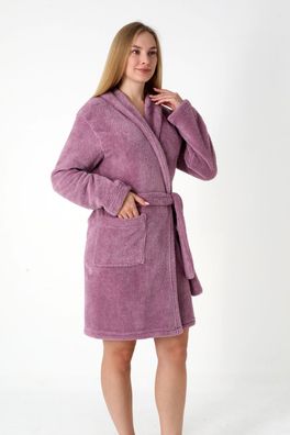 Bademantel Damen Kuschelig Fleece Kurz Lila Warm Weich Morgenmantel M-XL