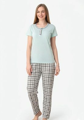 Teilen Damen Schlafanzug Pyjama Set Kariert Baumwolle Langehose Rundhals M-2XL