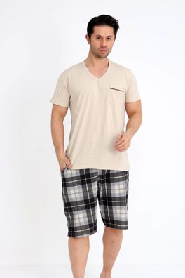 Herren Schlafanzug Kurz Sommer Set mit Brusttasche Kariert 100% Baumwolle L-3XL
