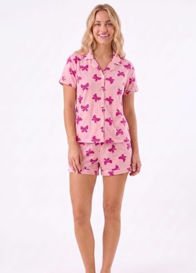Damen Schlafanzug Kurz Sommer Set Shorty Schleifen Muster 100% Baumwolle M-2XL