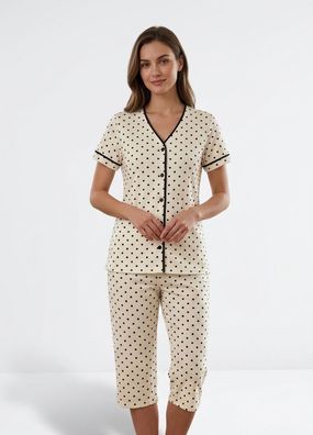 Damen Schlafanzug Sommer Pyjama-Set Knopfleiste 100% Baumwolle Capri Hose L-3XL