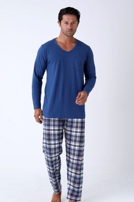 Teilen Herren Schlafanzug Pyjama-Set Baumwolle mit Brusttasche und Karierte Hose L-3X