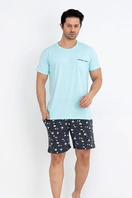 Herren Pyjama Set Schlafanzug Brusttasche Panda-Muster 100% Baumwolle L-3XL