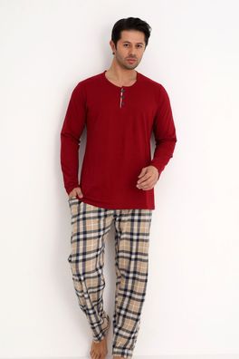 Teilen Herren Pyjama Set Schlafanzug 2tlg 100% Baumwolle Beige Karo Hose L-3XL