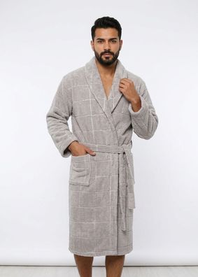 Herren Bademantel Hellgrau Fleece Kariert Warm Hausmantel M-XL