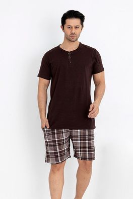 Herren Schlafanzug Kurz Sommer Set - 100% Baumwolle Kariert Knopf Shorts L-3XL