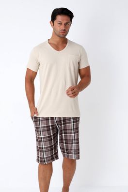 Herren Schlafanzug Pyjama Set Kurzarm Karierte Hose Baumwolle L-3XL
