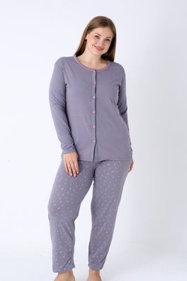 Damen Schlafanzug Pyjama-Set Übergröße Plus-Size mit Punkte und Knöpfen XL-4XL