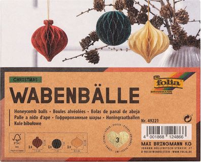 folia 49221 - Wabenbälle Christmas, Weihnachtsanhänger 3er Set, Durchmesser ca. 8 cm,
