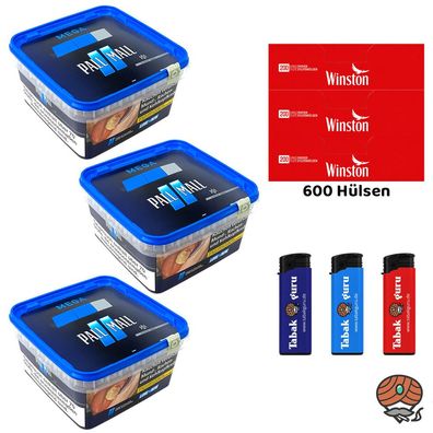 Pall Mall Blue/Blau Tabak Mega Box 3x 115g, 600 Winston Hülsen, Feuerzeug